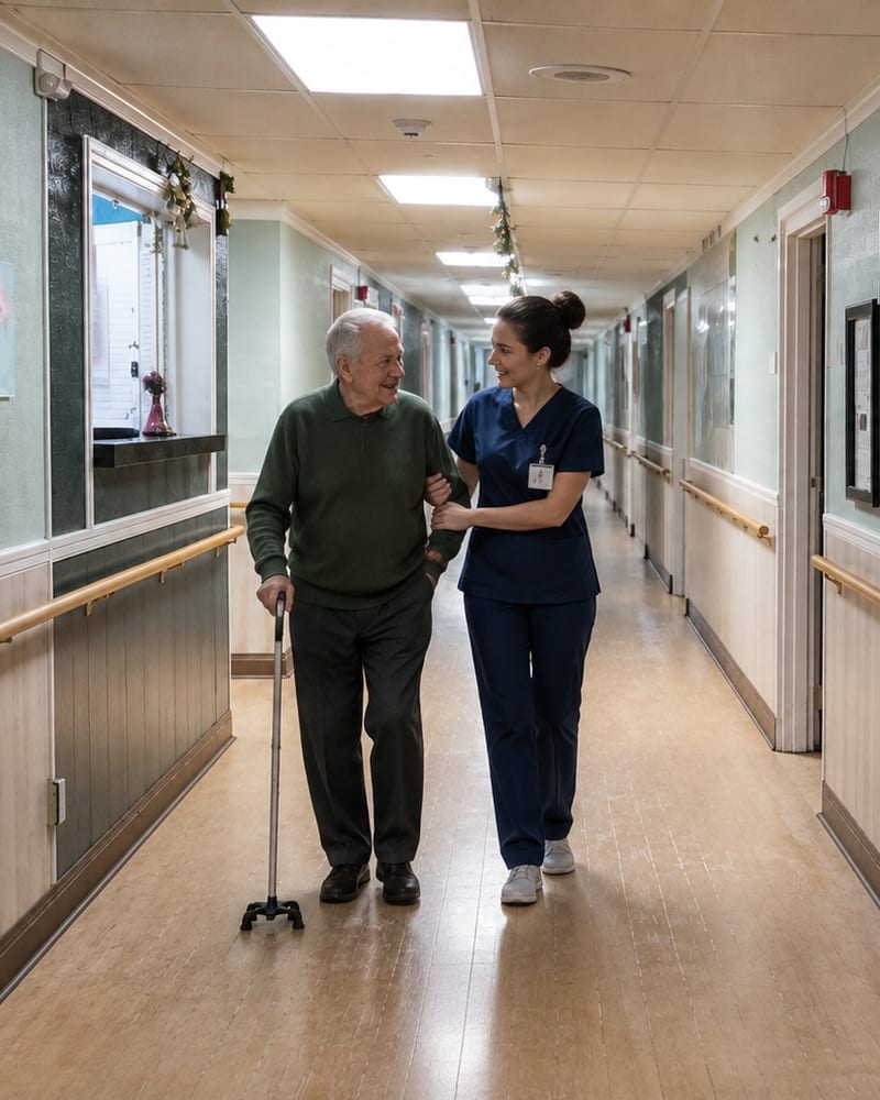 A caregiver in scrubs walking arm in arm along a resident hallway at Sanford Place with a resident using a walking cane, the two of them talking as they go.